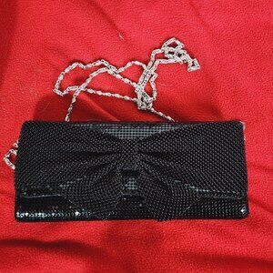Sparkling Black Sequin and Chain Mail Bow Dress Clutch Bag Silver Shoulder Strap
